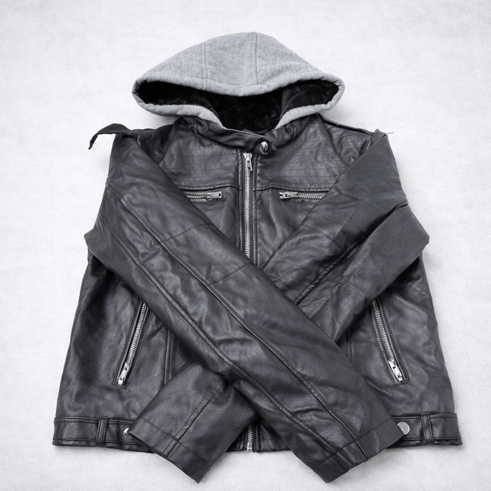 Sebby Faux Leather Jacket Womens Large Black Moto Sherpa Lined Hooded Coat